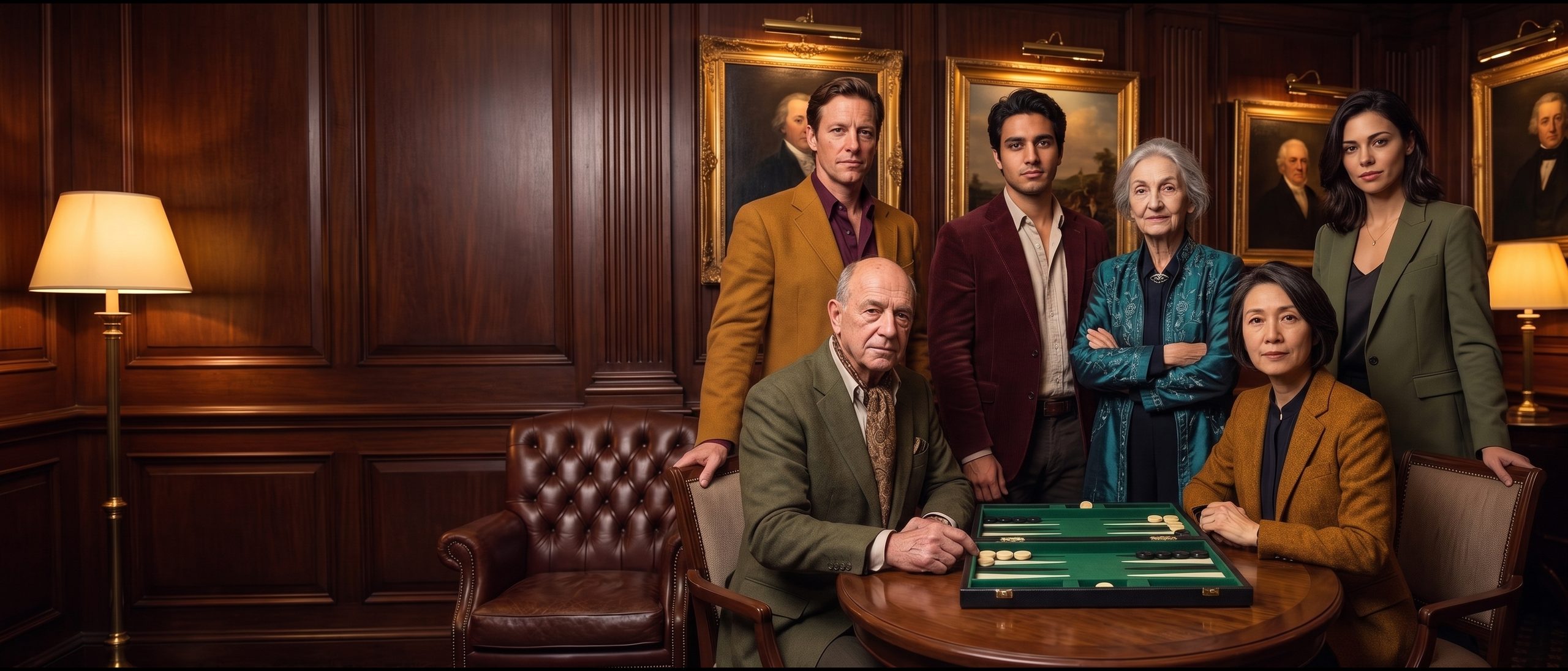 Five expert-level club members around a backgammon board in the lounge