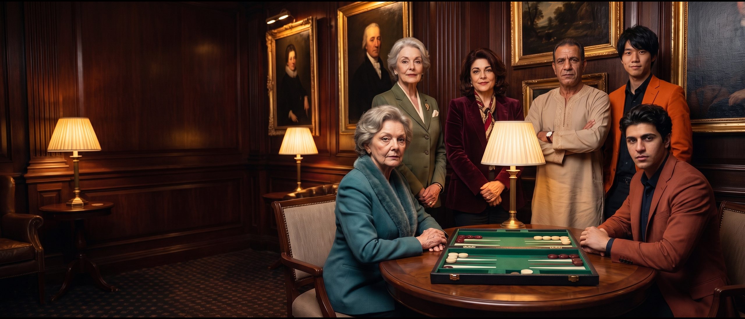 Seven intermediate-level club members around a backgammon board in the lounge