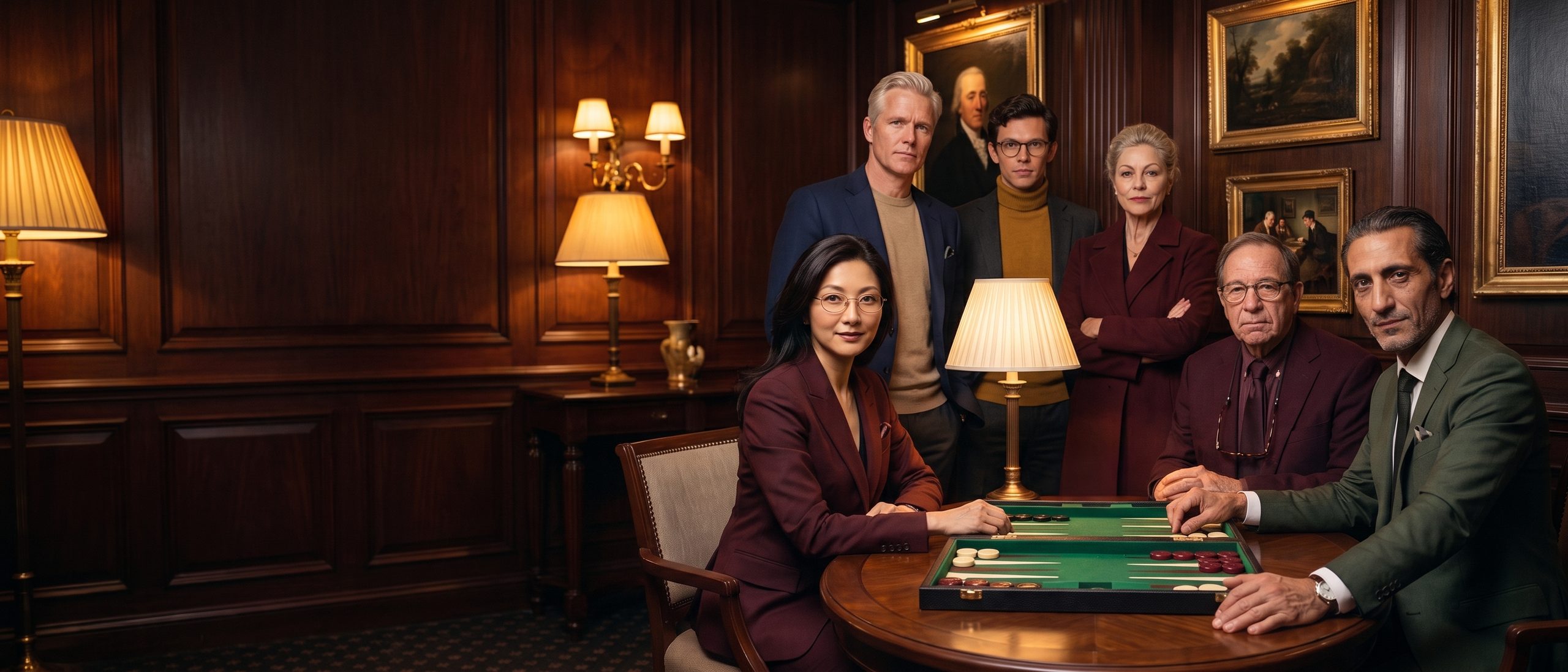 Six supremo-level club members around a backgammon board in the lounge