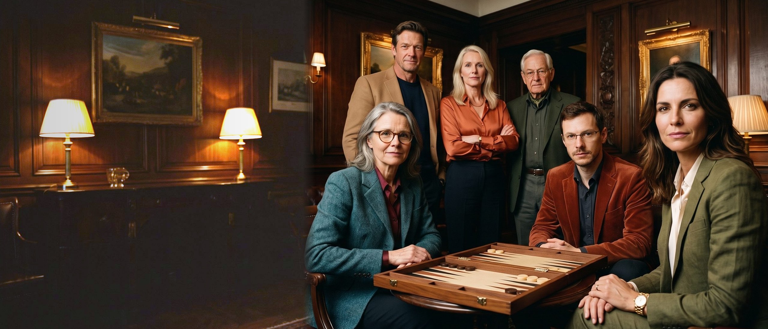 Six world-class club members around a backgammon board in the lounge