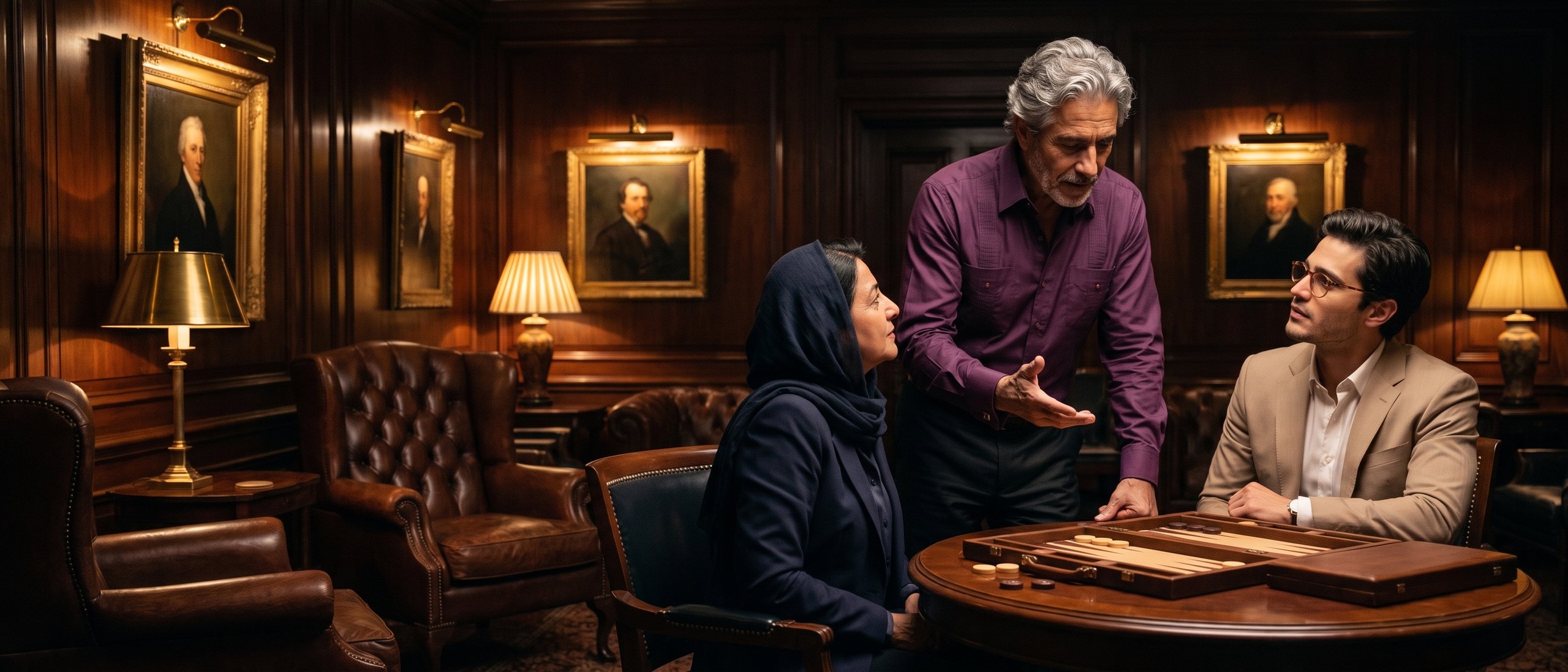 A club member explains the backgammon rules to two players at a board in the lounge