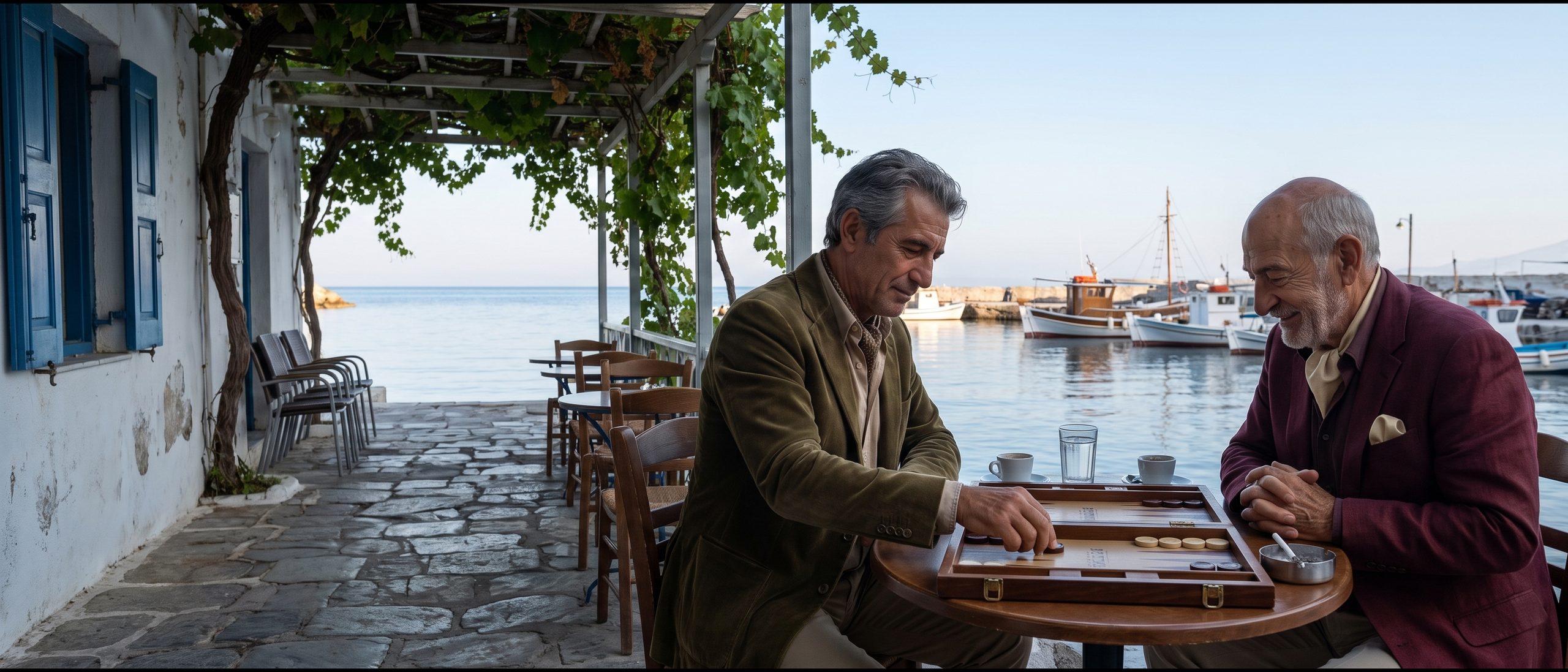 Zwei Männer spielen Tavli auf einer Caféterrasse an einem griechischen Hafen, Boote und Meer dahinter