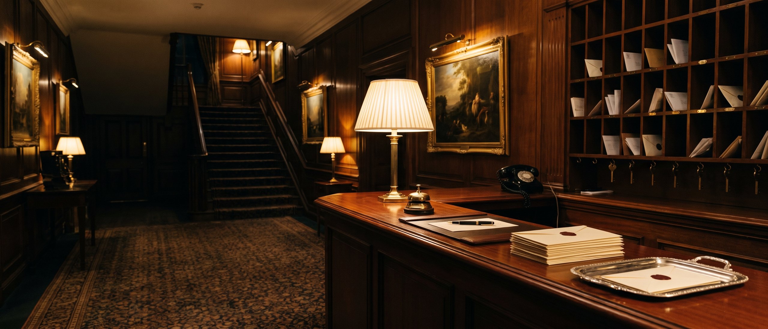 De stille receptie van de GamesGrid-club: lamp, telefoon, brieven en een trap naar boven