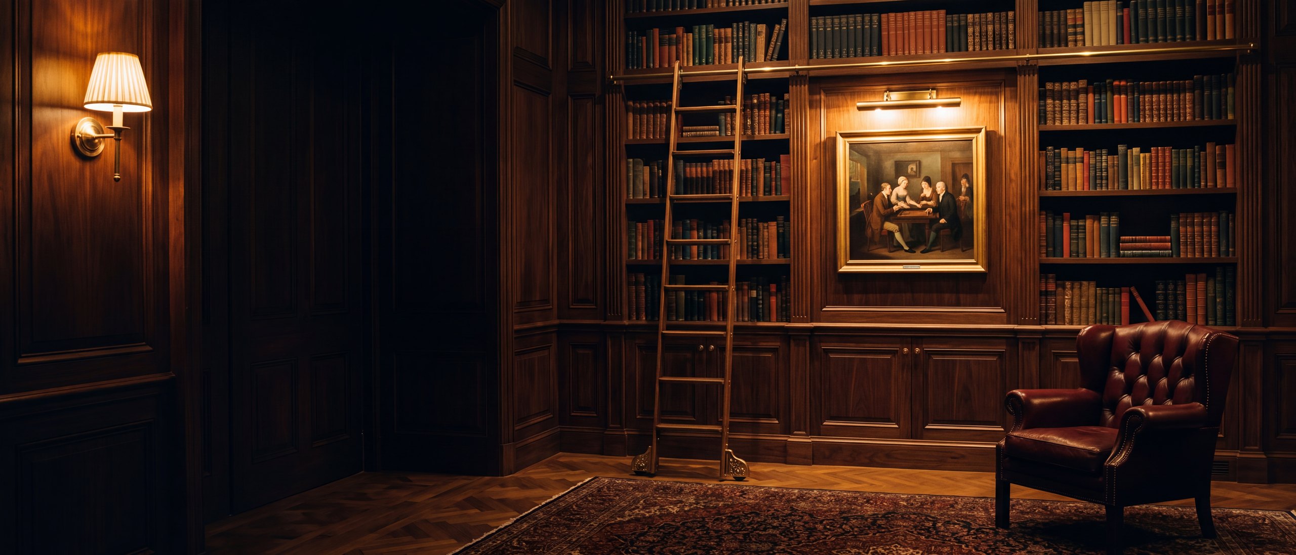 La biblioteca del club: scaffali in legno, una scala, una poltrona in pelle e un dipinto di giocatori di backgammon
