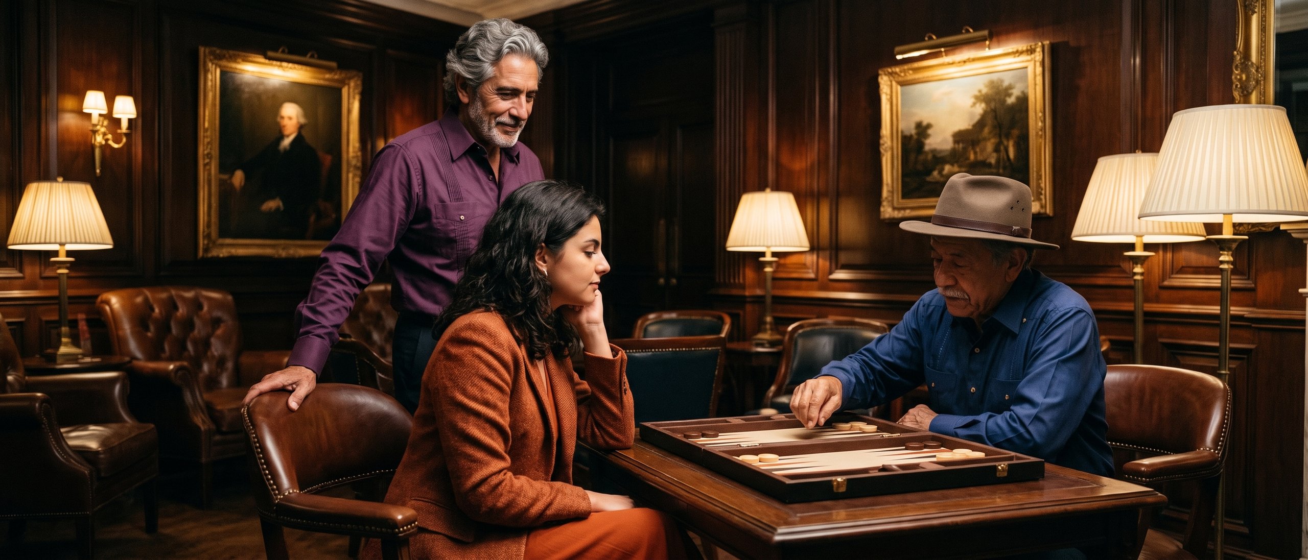 A club member teaches a beginner her first backgammon game while an older player watches from across the board