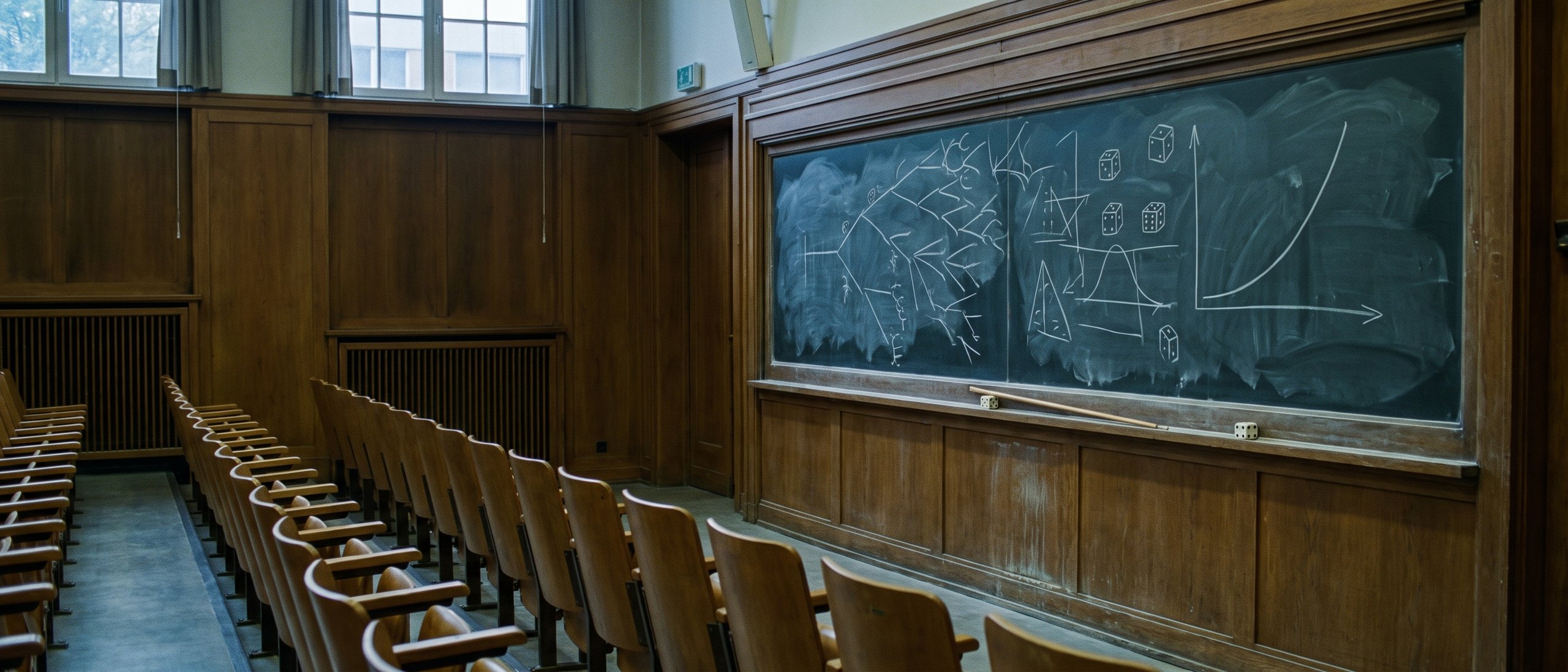 A lecture hall with a blackboard full of backgammon diagrams and equity curves, empty wooden seats in rows