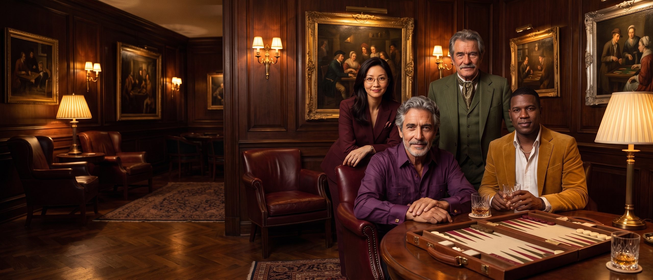 Four club members of different ages and countries around a backgammon board in the lounge, portraits behind them