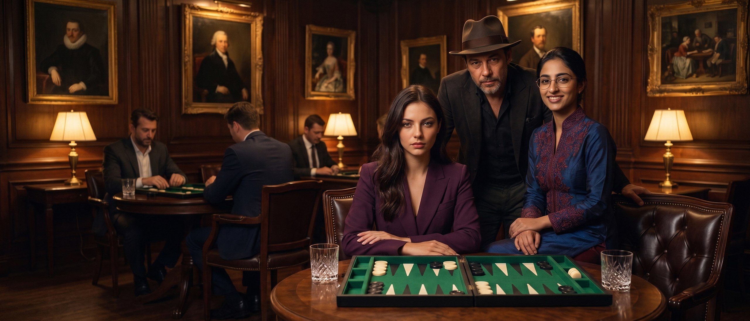 Three club members around a backgammon board in the GamesGrid lounge, inviting you to the table