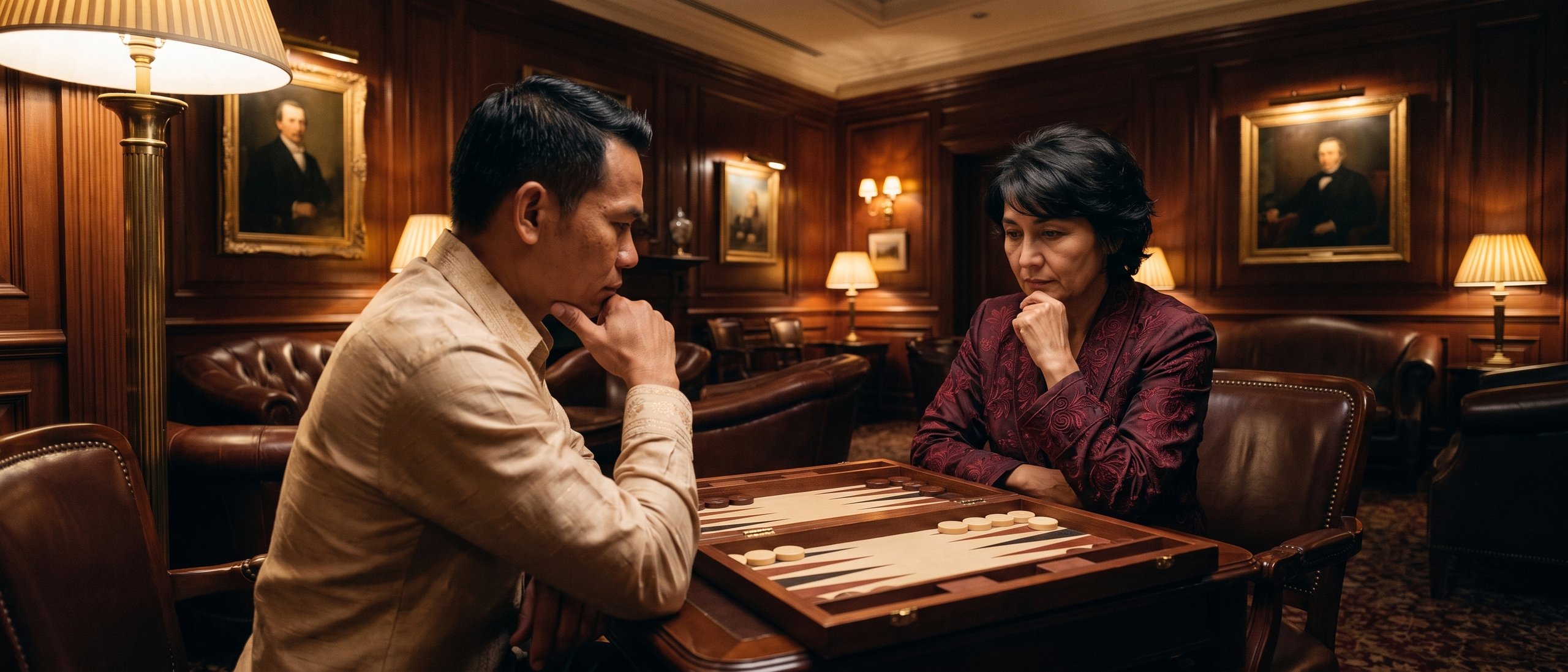 Two players study a prime on the backgammon board, chins in hand, in the club lounge